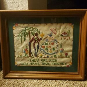 Vintage Embroidered Art/ Sampler with Wooden Frame